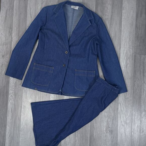 Vintage 70s Mr. Mort Denim Jean Skirt Suit 2 Piece Blazer Jacket & Skirt Set USA - Picture 1 of 12
